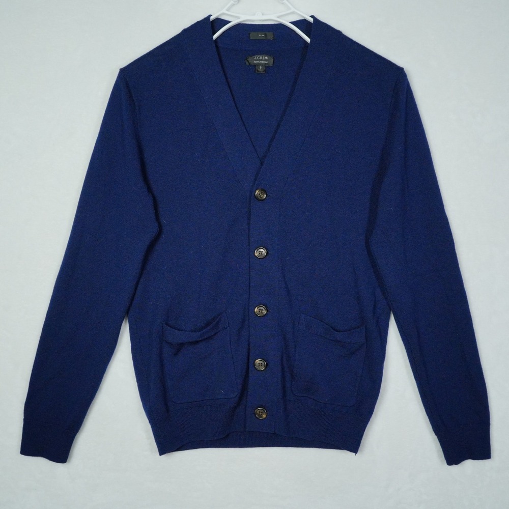 J.Crew Mens Slim Fit 100% Merino Wool V-Neck Cardigan Sweater Navy Blue Small